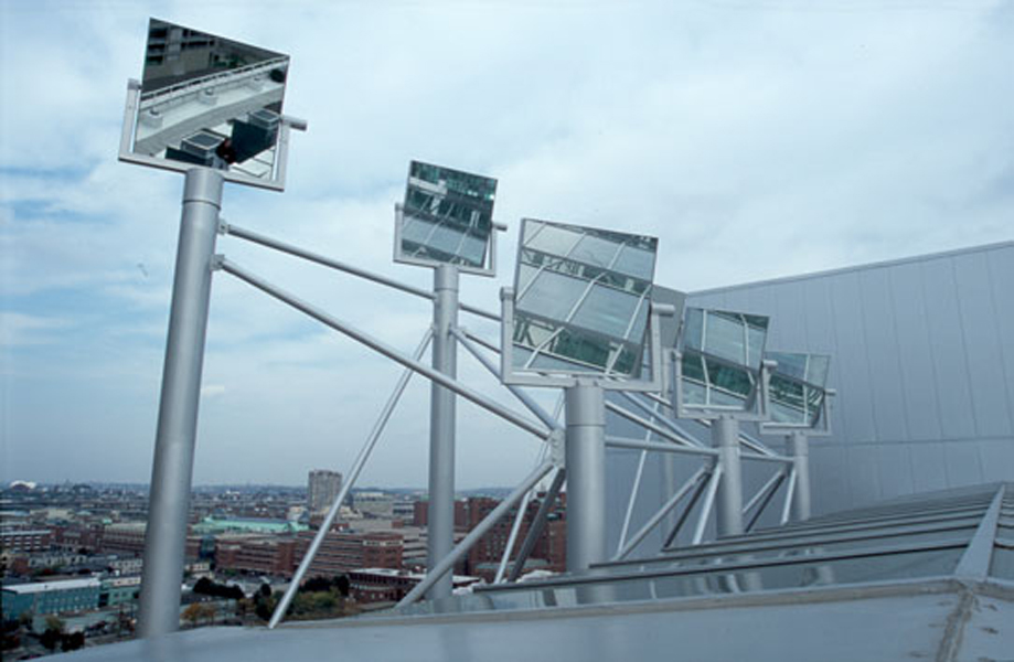 Mobile reflective panel illuminating inner offices [518] filt3rs